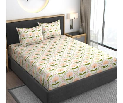 Floral Print Bedsheet Set with Pillowcases, Peach and Green Pattern, Double Bed Size Floral Print Bedsheet Set with Pillowcases, Peach and Green Pattern, Double Bed Size