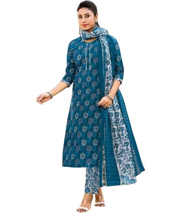 SIMMU Women Cotton Printed Straight Kurti With Pants ( Blue )