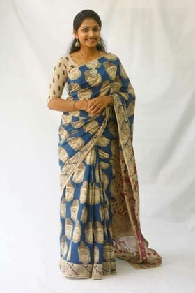 Sky Blue color Kalamkari Linen Digital Printed Sari 1236