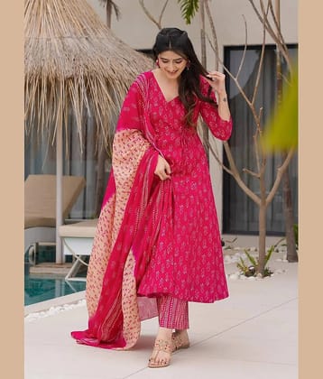 kedar fab Women Rayon Printed Angrakha Kurti With Palazzo ( Pink )