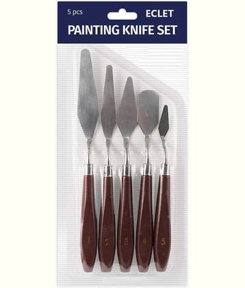 ECLET Palette Painting Knives - Set of 5 Various Sizes & Shapes, Stainless Steel Scraper Spatula with Polished Brown Handle for Artist Canvas Oil Paint Mixing Colour(C)