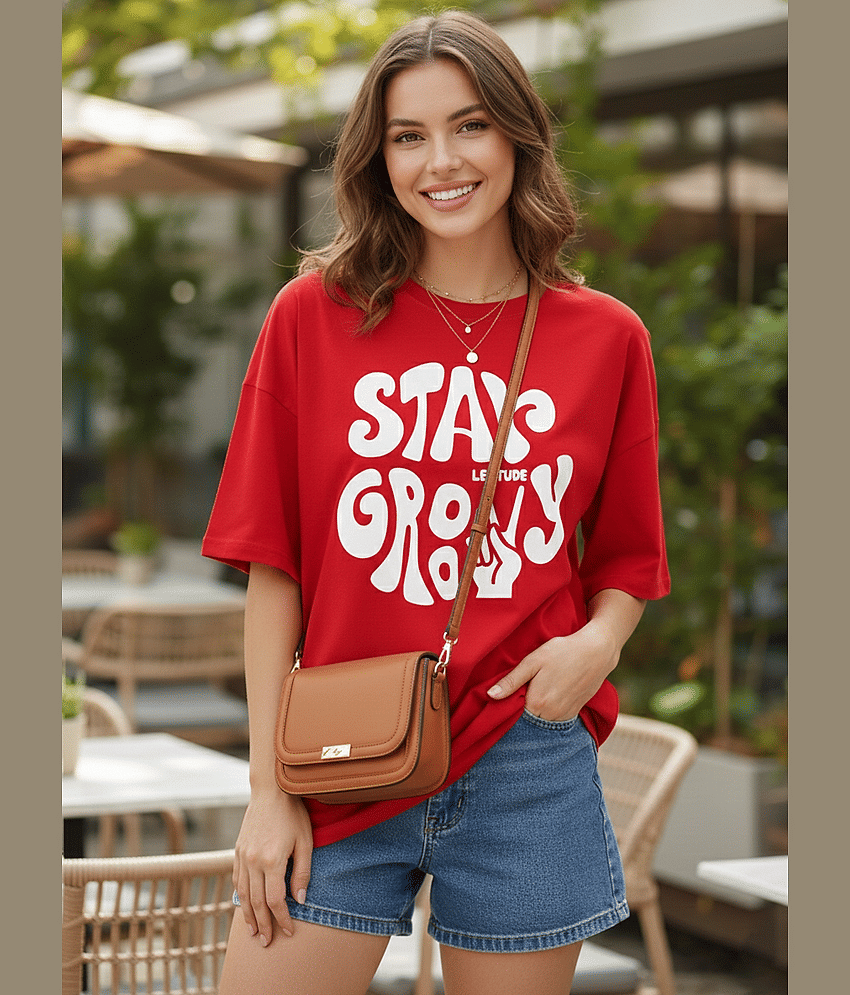 Leotude Women Cotton Blend Printed Oversized Fit Round Neck T-Shirt ( Red )