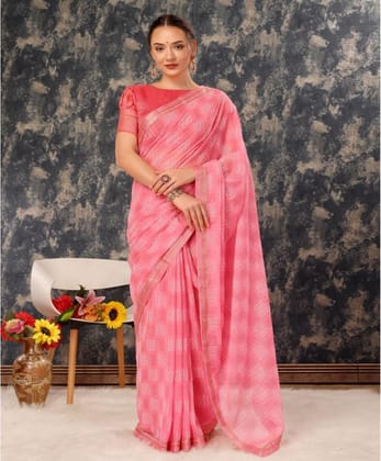 Women's Zomto Cheked Saree with Unstitched Blouse (Pink, 5-6 Mtrs)