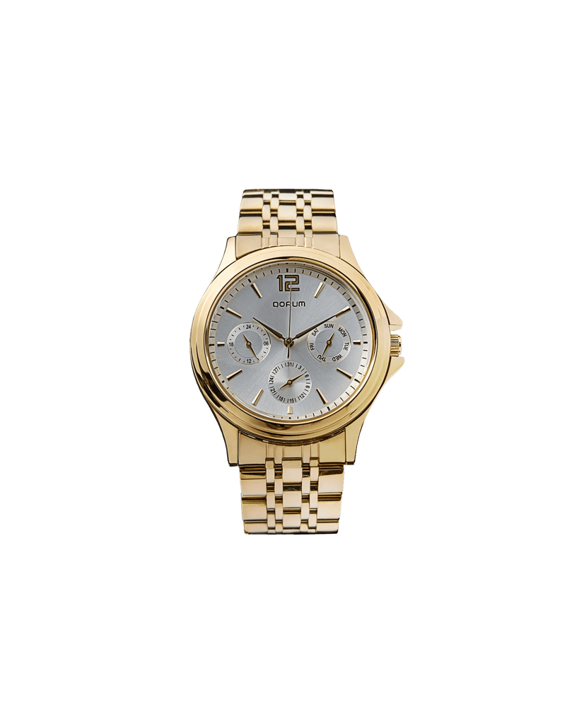 Qorum Verve Men’s Multi-function Watch – Silver Dial, Gold Plated Stainless Steel Strap