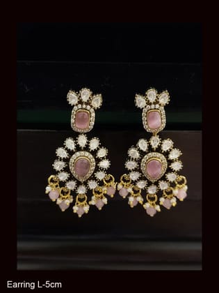 Leaf design kundan earrings with coloured drops-Pink