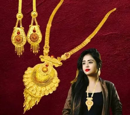 One-Gram Gold-Plated Long Haram Necklace Set with Earrings and Earring support Chain