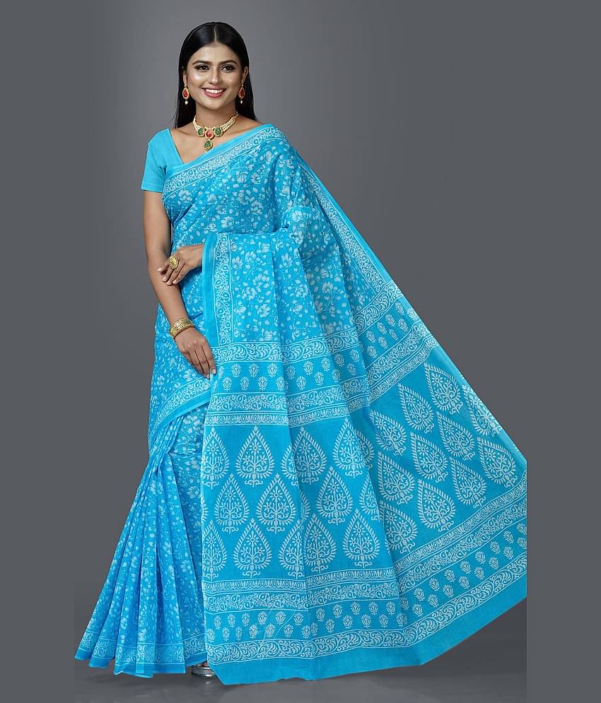 SHANVIKA Cotton Printed Saree Without Blouse Piece ( Blue )