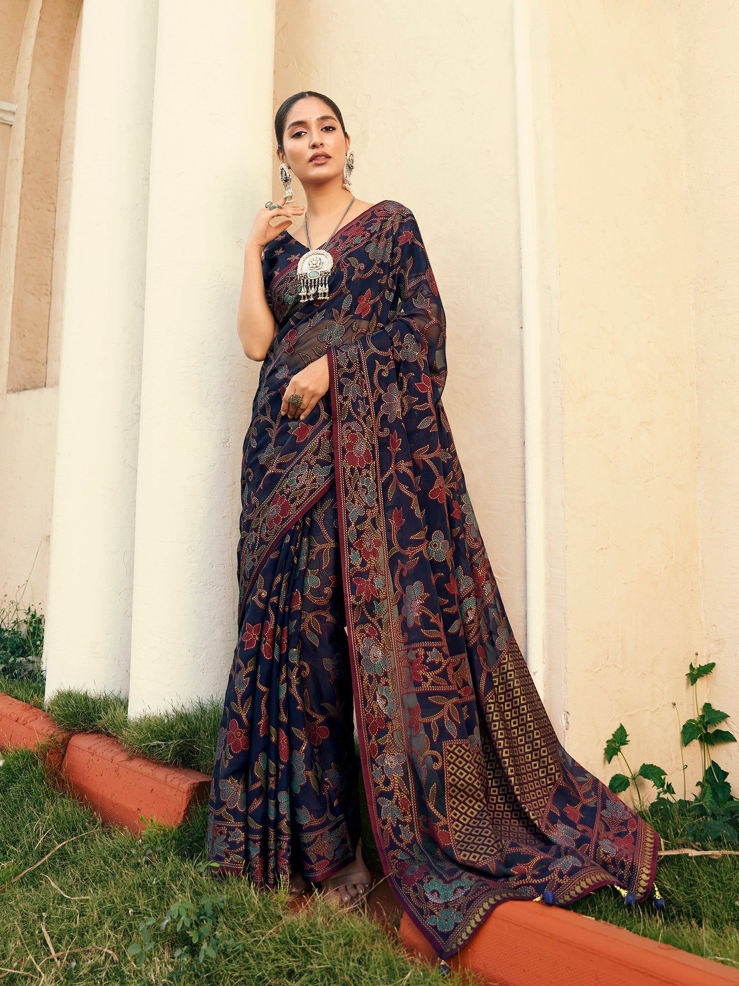 Navy Blue Poly Viscose Georgette Butta work Bansarasi Saree