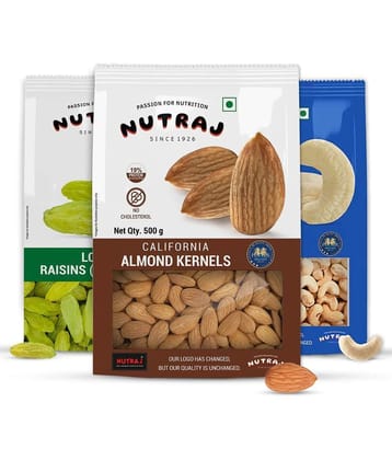 Nutraj Dry Fruit Combo Pack California Almonds 500g, Cashew 500g, Long Raisins 500g