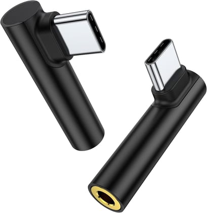 One Plus (Pack 2) USB C to 3.5mm Audio Adapter | Type-C to AUX Headphone Jack Dongle with DAC Chip | Right Angle Connector | Compatible with OnePlus, Oppo, Vivo, iPad Pro | Black Black