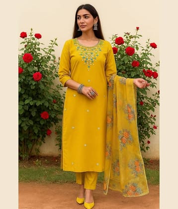 Mahek Fashion Women Organza Embroidered A-line Kurti With Pants ( Yellow )