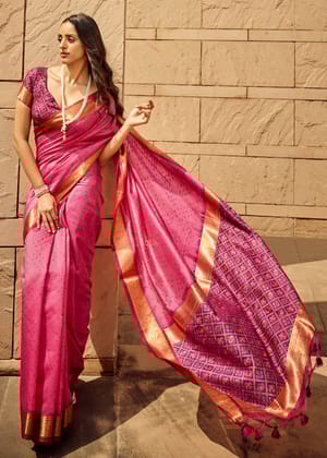 Carnation Pink Woven Banarasi Patola Silk Saree