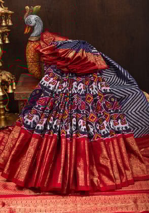 Unique Midnight Blue Ikkat Patola Kanjivaram Fusion Silk Saree with Panel design and zari border | SILK MARK CERTIFIED
