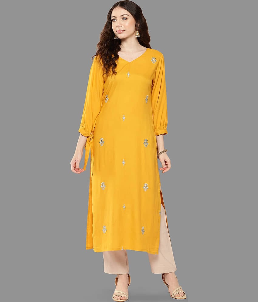 Janasya Rayon Embroidered Straight Women's Kurti - Mustard ( Pack of 1 )