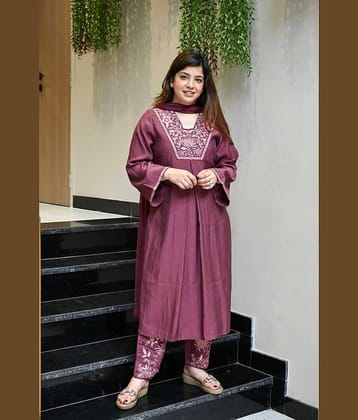Mahek Fashion Women Silk Blend Embroidered A-line Kurti With Pants ( Brown )