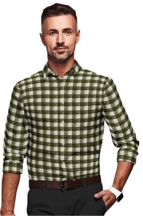 Men's Cotton Blended Checkered Full Sleeve Shirt (White-Green, XL)-PID53449