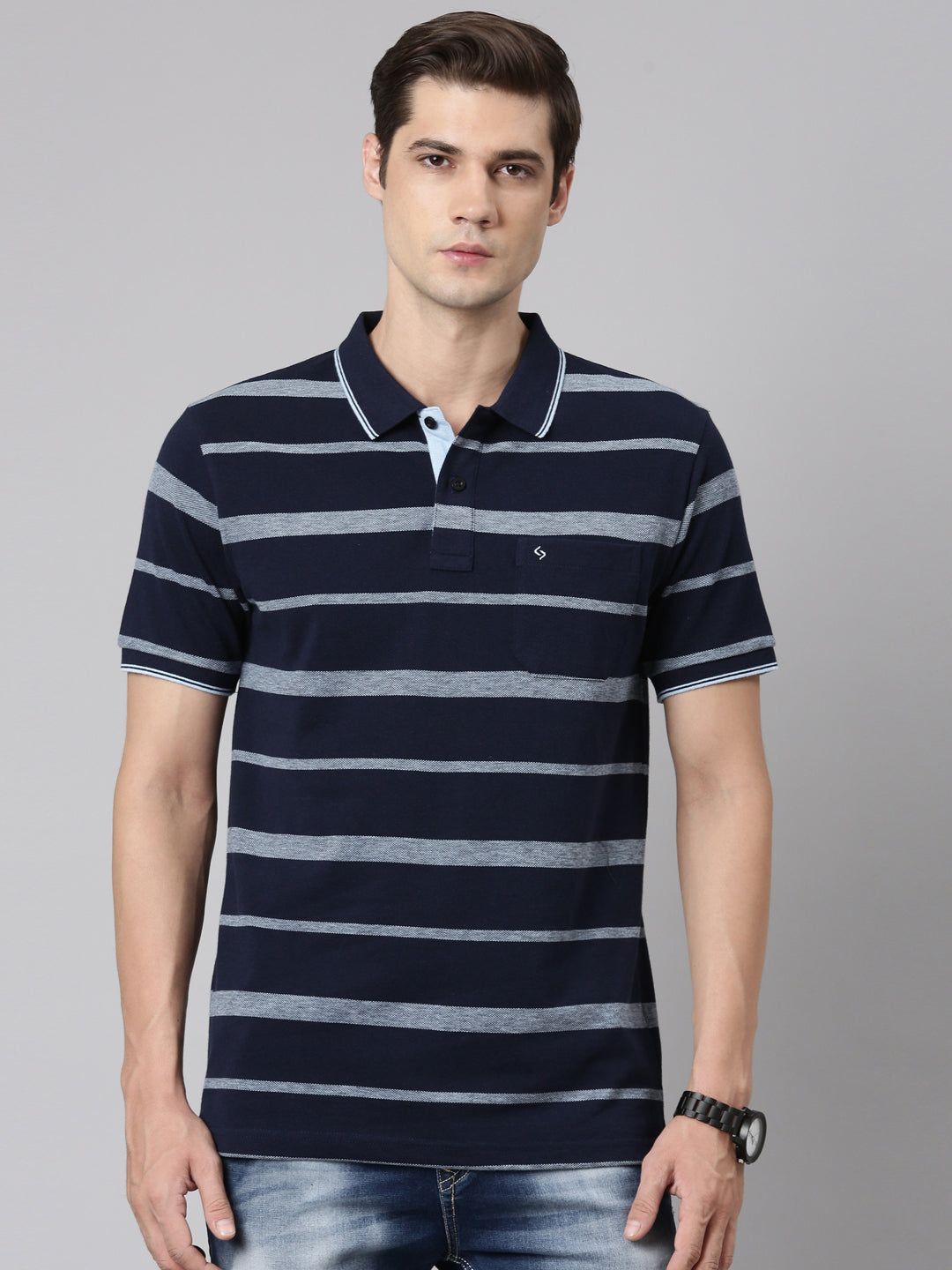 Classic Polo Men's Polo Neck Cotton Navy Blue Slim Fit Striped T-Shirt | ADORE-219 A SF P