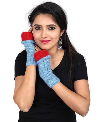 KC Store Women's Sky Blue & Red Handmade Woolen Gloves For Winters