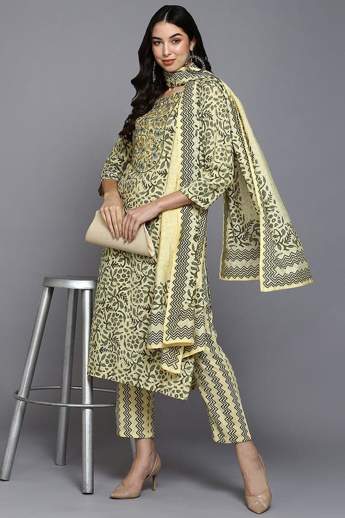 Premium Women Yellow Silk Blend Floral Straight Suit Set VKSKD1865 2026 at ShopCircuit | ONDC