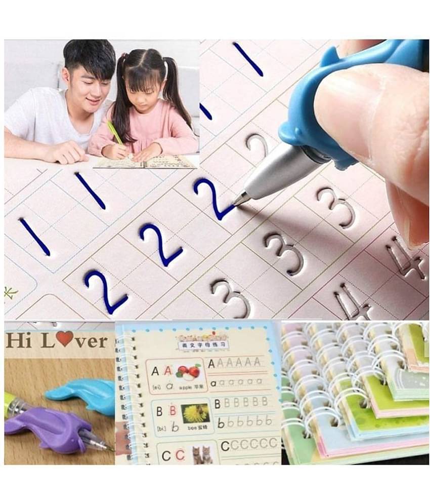 Sank Magic Practice Copybook, Number Tracing Book for Preschoolers with Pen, Magic Calligraphy Copybook Set Practical Reusable Writing Tool Simple Hand Lettering (4 Books + 5 Refill)