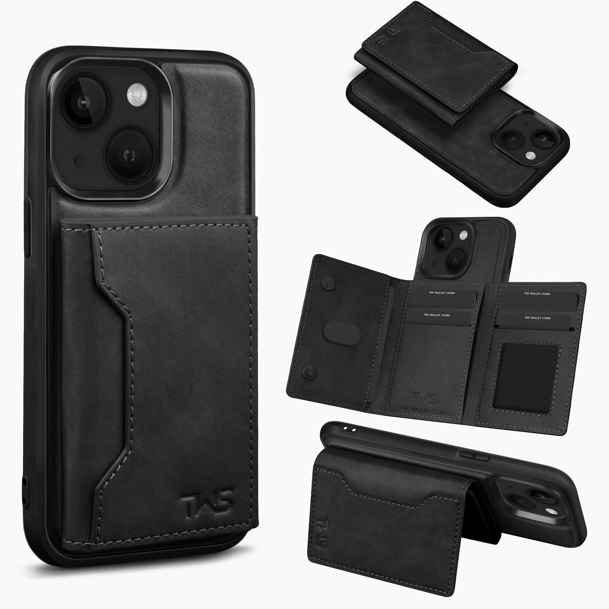 The Wallet Store Premium Leather iPhone Case Cover With Detachable Cardholder - Black - iPhone 14 Plus