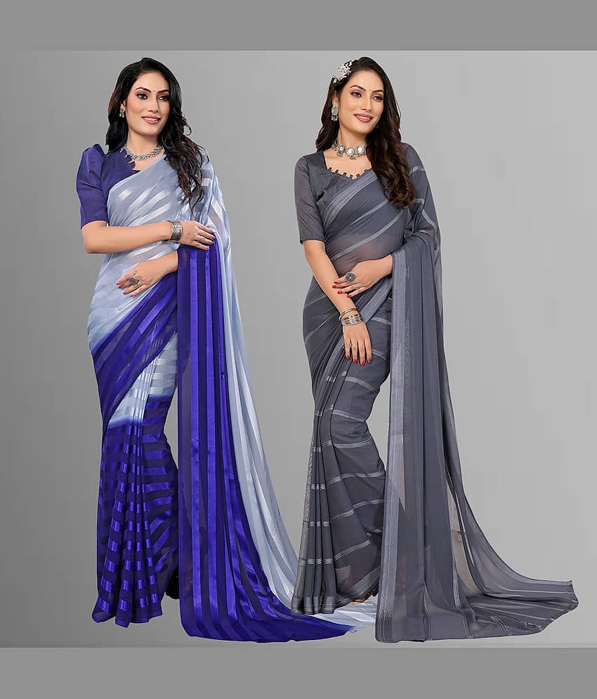 ANAND SAREES Satin Striped Saree With Unstitched Blouse Piece ( Multicolor )