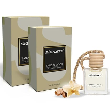 Signate Car Perfume with Natural Fragrance Essential Oils | Car Air Fresheners Long Lasting Upto 90 Days | Hanging Pod in Glass Bottle with Wooden Diffuser Lid  15ML (Sandal Air) (Pack of 2)