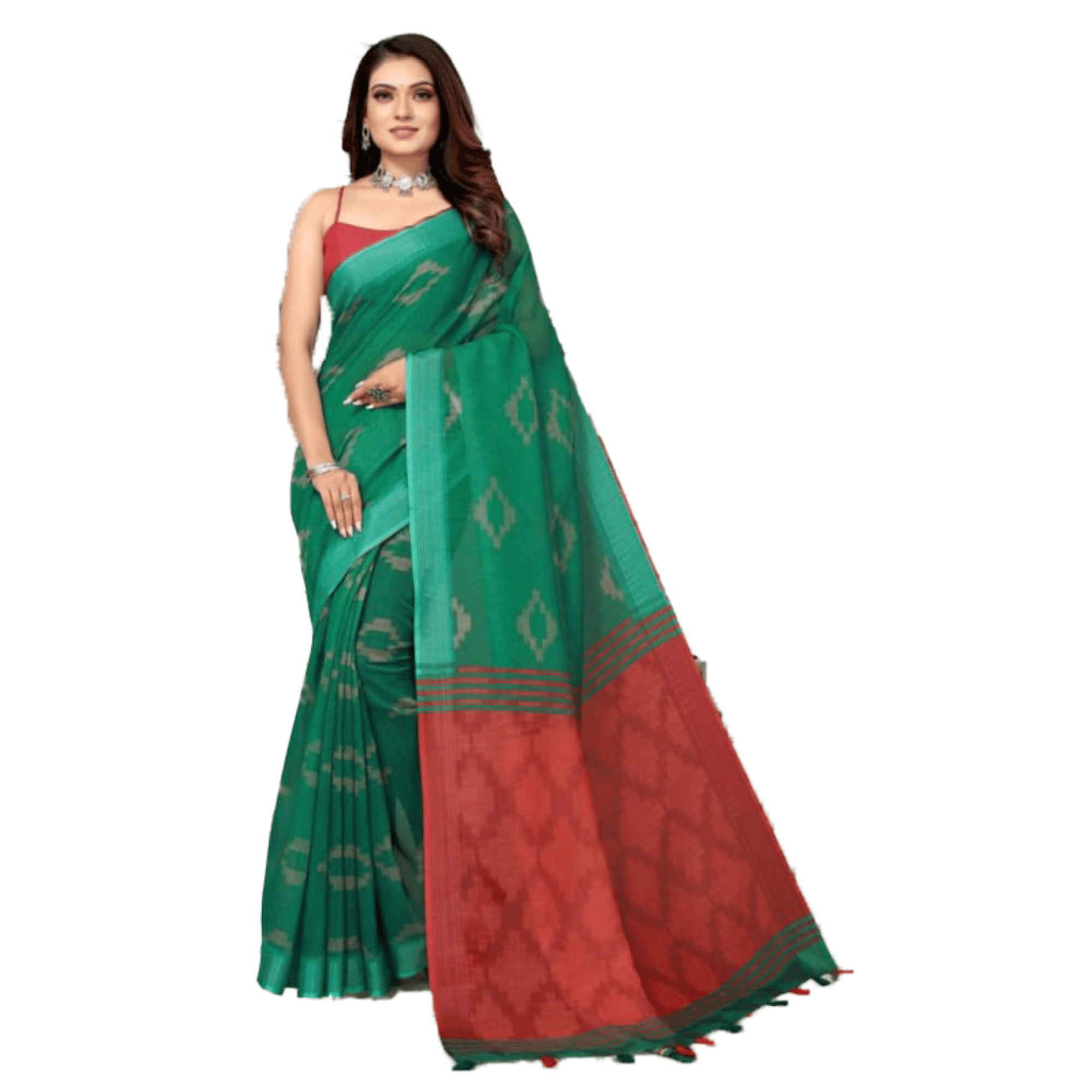 TheHangr Women's Linen Geometrical Print Green Saree With Red Pallu