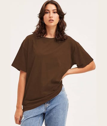 VIOUR Women Cotton Blend Solid Oversized Fit Round Neck T-Shirt ( Brown )