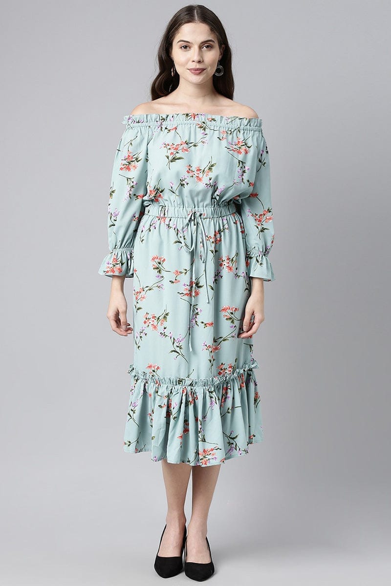 Blue Crepe Floral Print Off-Shoulder Midi Dress VD1079