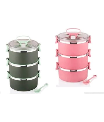 Analog Kitchenware 3 Pic 900 ML School/Office Stainless Steel Lunch Box 6 - Container ( Pack of 2 )