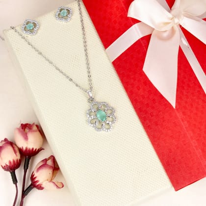 Cubic Zirconia Mint Green Stone Rhodium Plated Flower Pendant Set -SIA446774_F