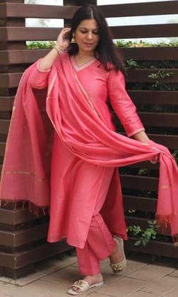 Chanderi Silk Fuchsia Handbead and Sequin Work Kurta and Dupatta with Cotton Pants-XXS