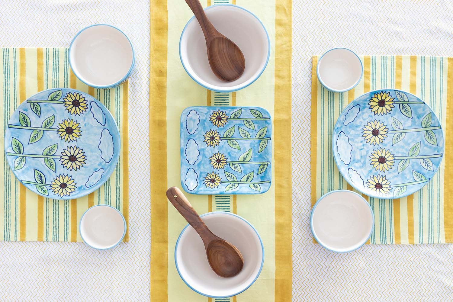 Hand Block Printed Mustard Cotton Table Runner - 13x60-100% Cotton Canvas / 13 Inches x 60 Inches / 1ft x 5ft / Yellow, Mustard, Blue