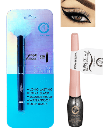Colors Queen Long Lasting Deep Black Kajal Liquid Black with Eyeliner (Combo of 2)