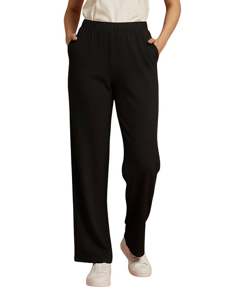 DE TRENDZ Women Cotton Blend Wide Leg Trousers ( Black )