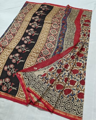Whispering Petals Kalamkari Chanderi Silk Tan Beige Saree