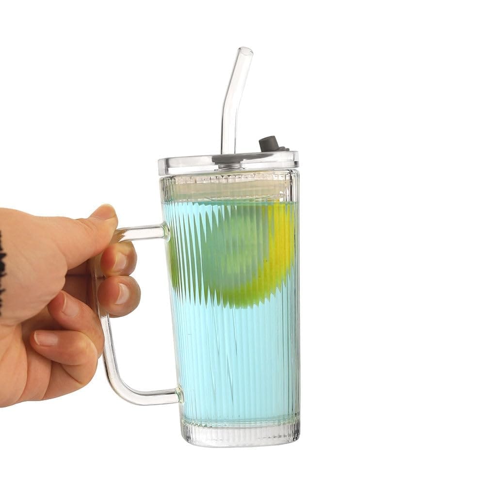 Glass Drinking Tumbler with Lid & Straw, 250 ML, Set of 1, Transparent Square Cup with Handle, Sipper for Juice, Water, Smoothies, Cocktail, Mocktail and Variety of Drinks, Ideal for Man/Women