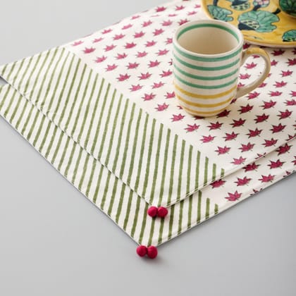 Hand Block Printed Chanderi Table Mats in Pink Lotus & Green Stripes Set of 2 - 14x18-White / Green / Pink / Chanderi / 14x18