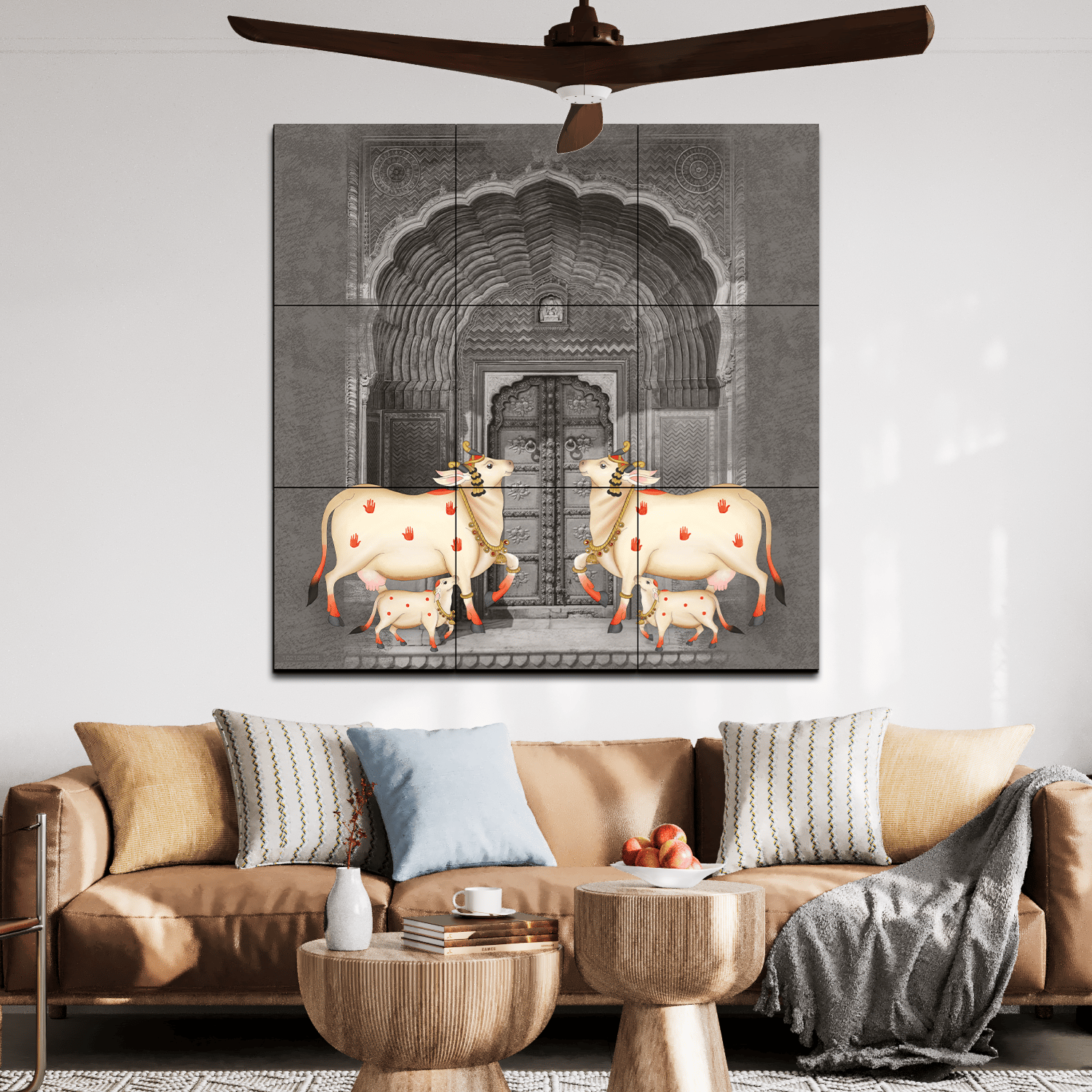 Cow and Calf Pichwai Wood Print Wooden Wall Tiles Set-3 x 3 Feet