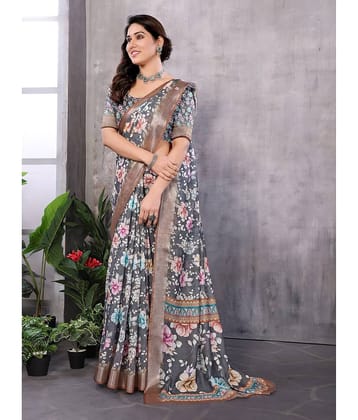 NightBlue Linen Printed Saree With Unstitched Blouse Piece ( Black )