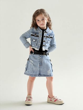 Girls Funky Denim Co-ord Set[GCS-1092] [6M-5Years]-9M-12M (Size - 16) / Light Blue / Denim