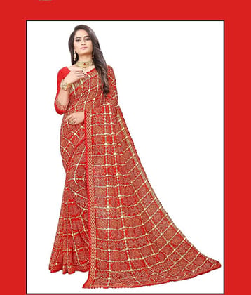 Kanooda Prints Georgette Printed Saree With Unstitched Blouse Piece ( Red )