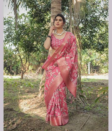 Almaari Fashion Cotton Silk Printed Saree With Unstitched Blouse Piece ( Pink )