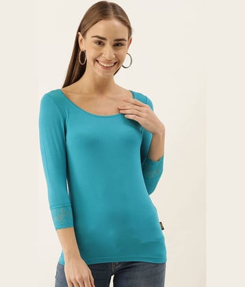 Zebu Women Viscose Embroidered Slim Fit Round Neck T-Shirt ( Blue )