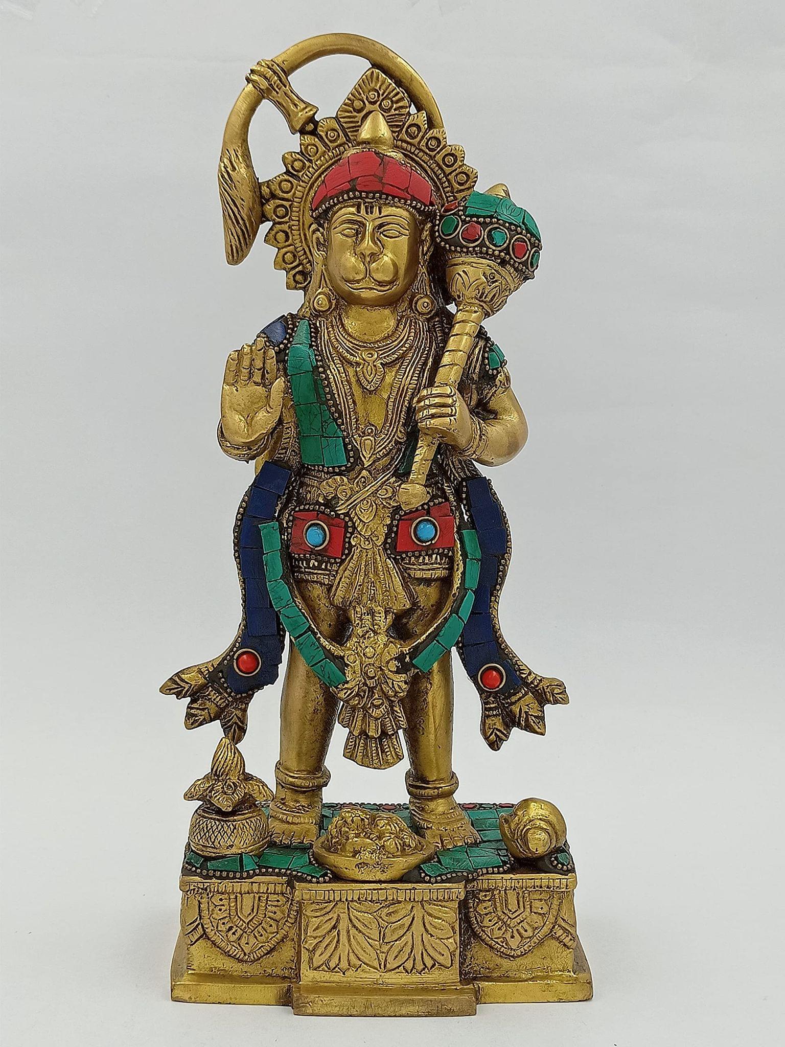 Arihant Craft� Hindu God Hanuman Idol Mahavir S0tatue Bajrangbali Sculpture Turquoise Gem Stone Hand Work Showpiece � 29 cm (Brass, Multicolour)