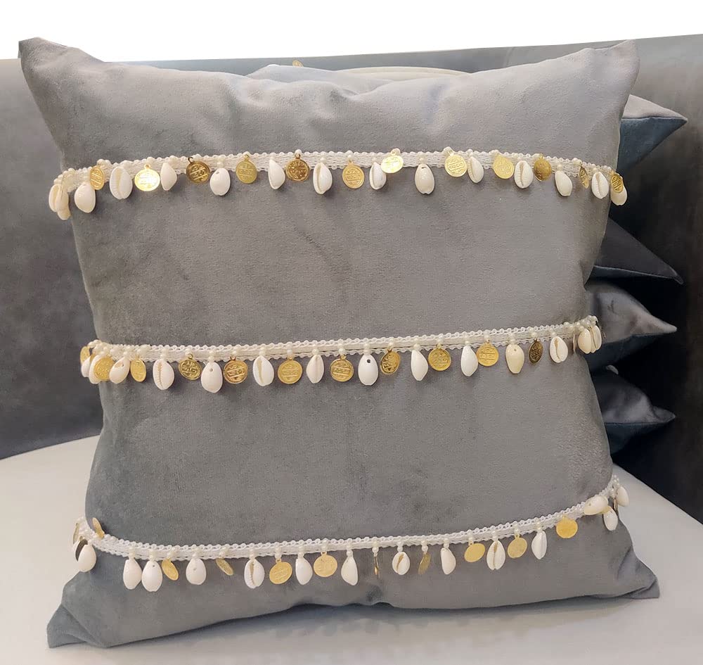 GOODVIBES 16X16 Inches Grey Velvet Shellwork Square Cushion Cover with Lace for Décor Sofa Couch Living Room Bedroom Farm House Indoor Outdoor | 40cm * 40 cm I Set of 5|