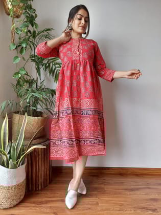 Intriguing Blockprinted Cotton Red Long Dress-36(S)