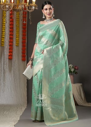 Ice Green Organza Woven Silk Saree