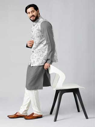Grey Textured Jacket With Grey Kurta Set-M/40 / Churidaar Set